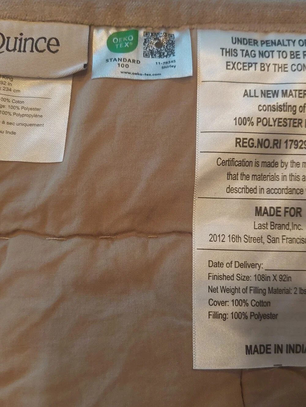 NWT! Quince Cotton Taupe Velvet Box Quilt! King/ Cal King! (868)